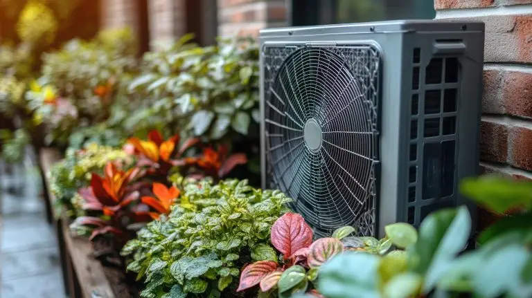 Outdoor air conditioner unit among vibrant flowers, brick wall background; ideal for HVAC, home improvement