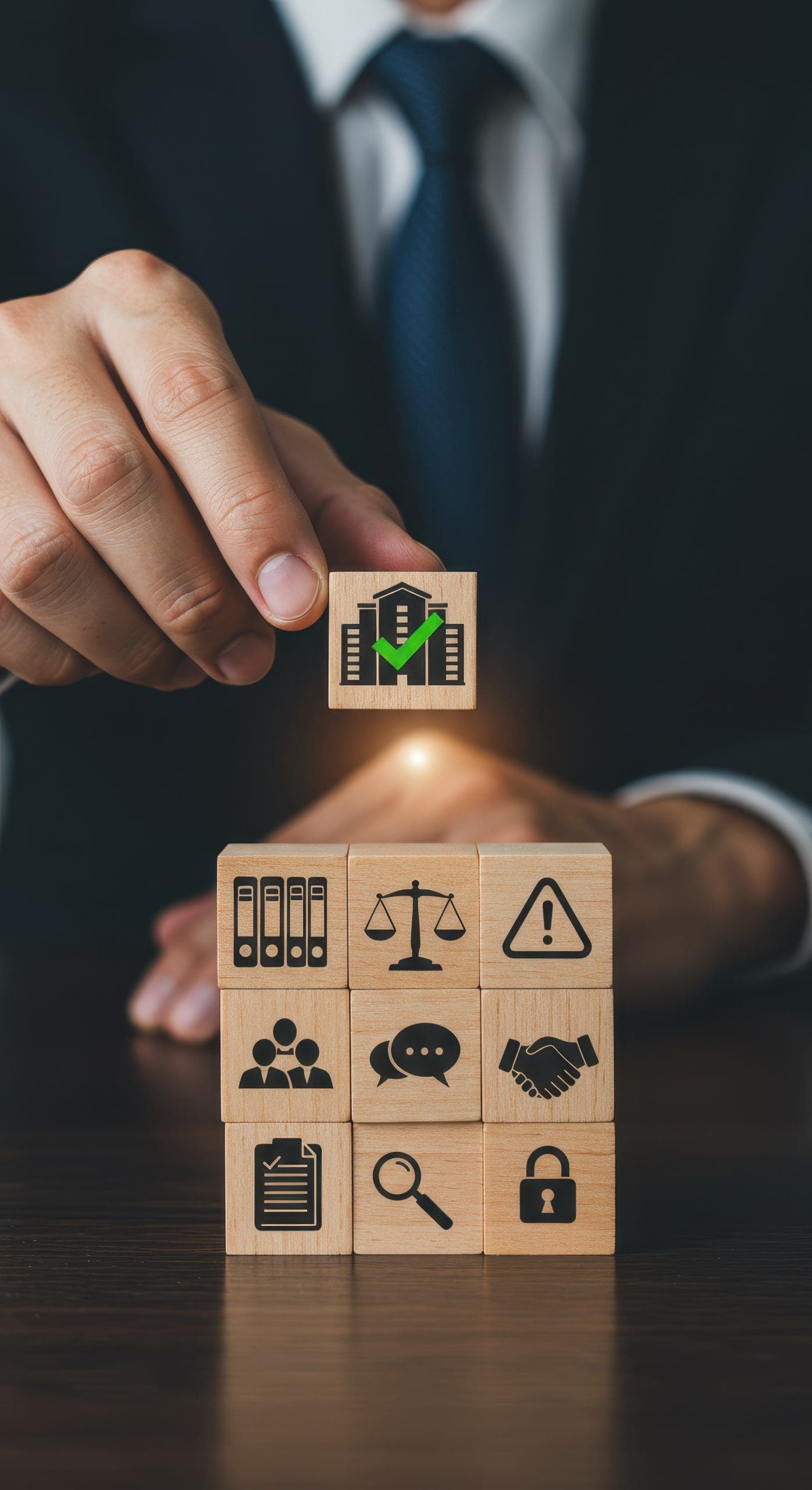 Compliance Achieved: Building Trust with Regulations, Rules &amp; Ethical Standards. Business Success Strategy with Wooden Block Tower