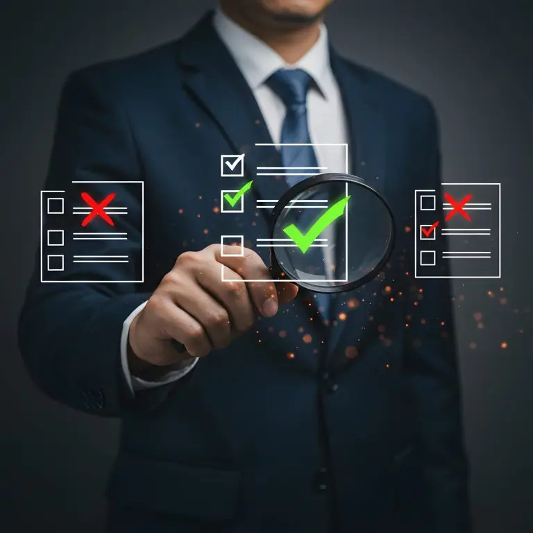 Businessman Examining Checklist with Magnifying Glass Green Checkmarks and Red Crosses