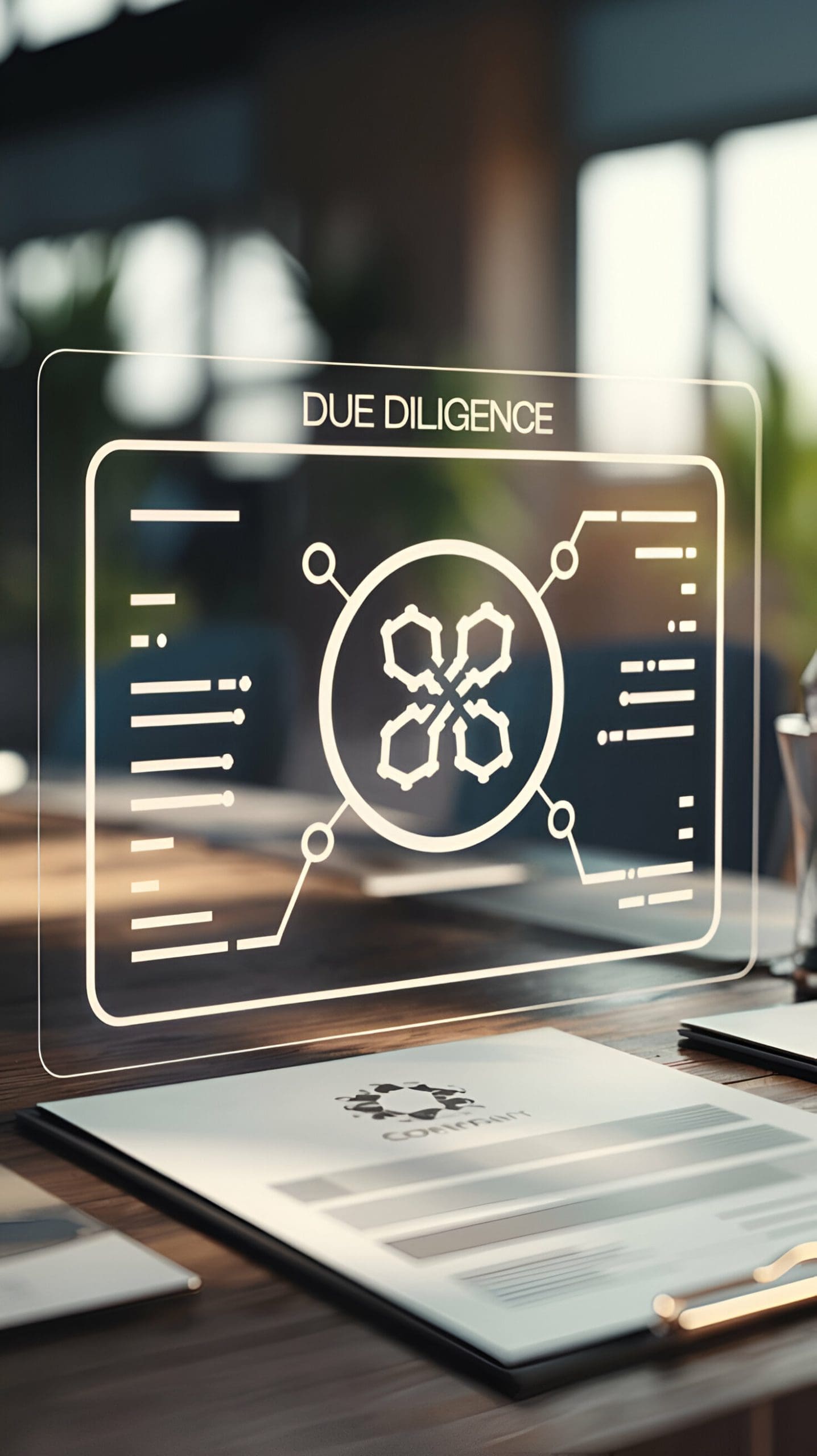 Due Diligence Icon on Virtual Screen Comprehensive Company Asset and Liability Assessment, Captured in Studio-Lit Commercial Shoot Setting for Business Analysis and Financial Insight Visuals
