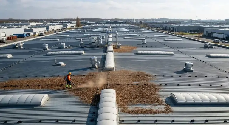 Worker uses leaf blower to clear debris from industrial building's corrugated metal roof